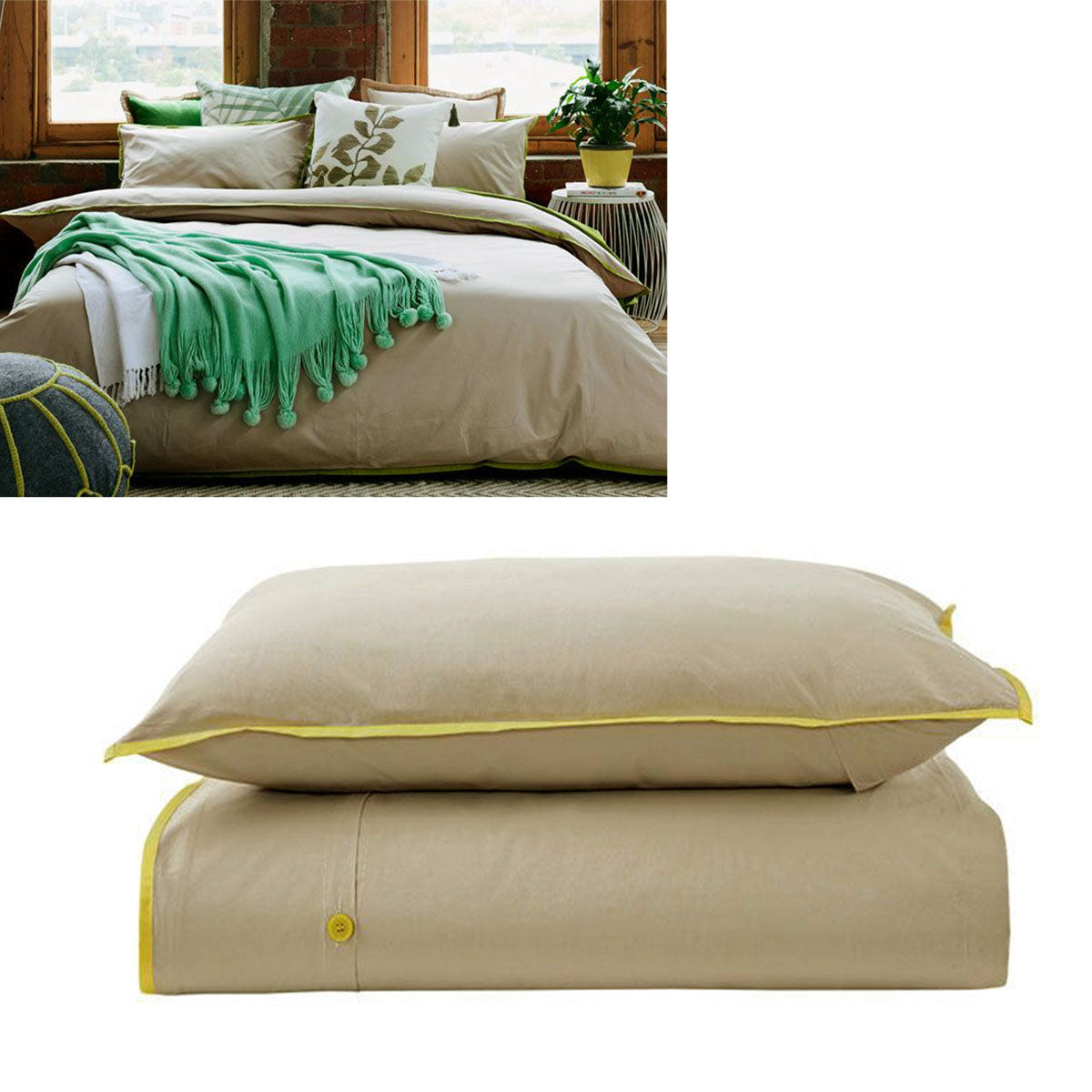 Jane Barrington 100% Cotton Quilt Cover Set Taupe/Sunshine Yellow Queen - SuperSaverAU - view 1