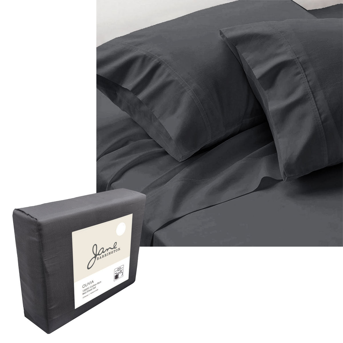 Jane Barrington 1200TC Cotton Rich Sheet Set Charcoal Queen 40cm Wall