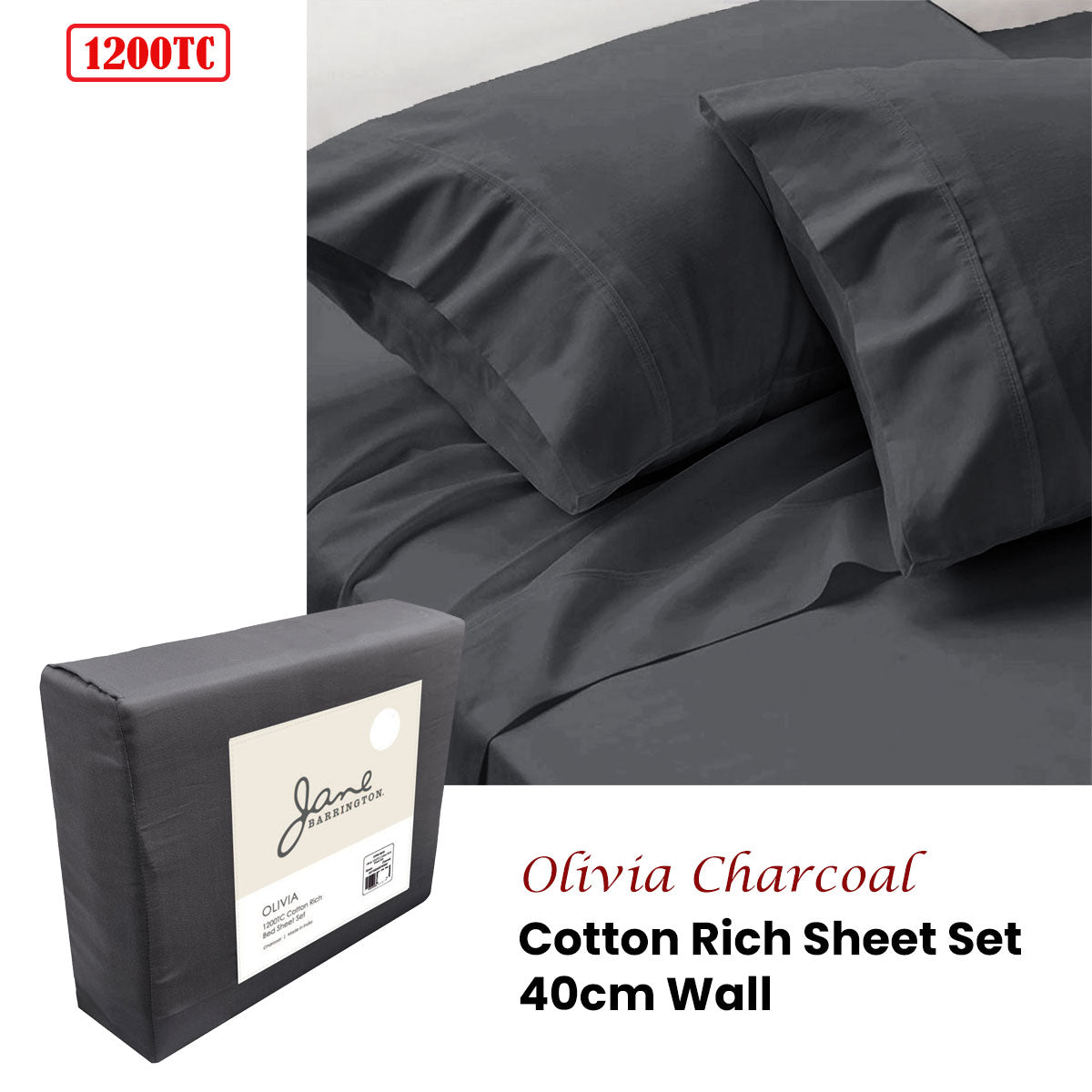 Jane Barrington 1200TC Cotton Rich Sheet Set Charcoal Queen 40cm Wall