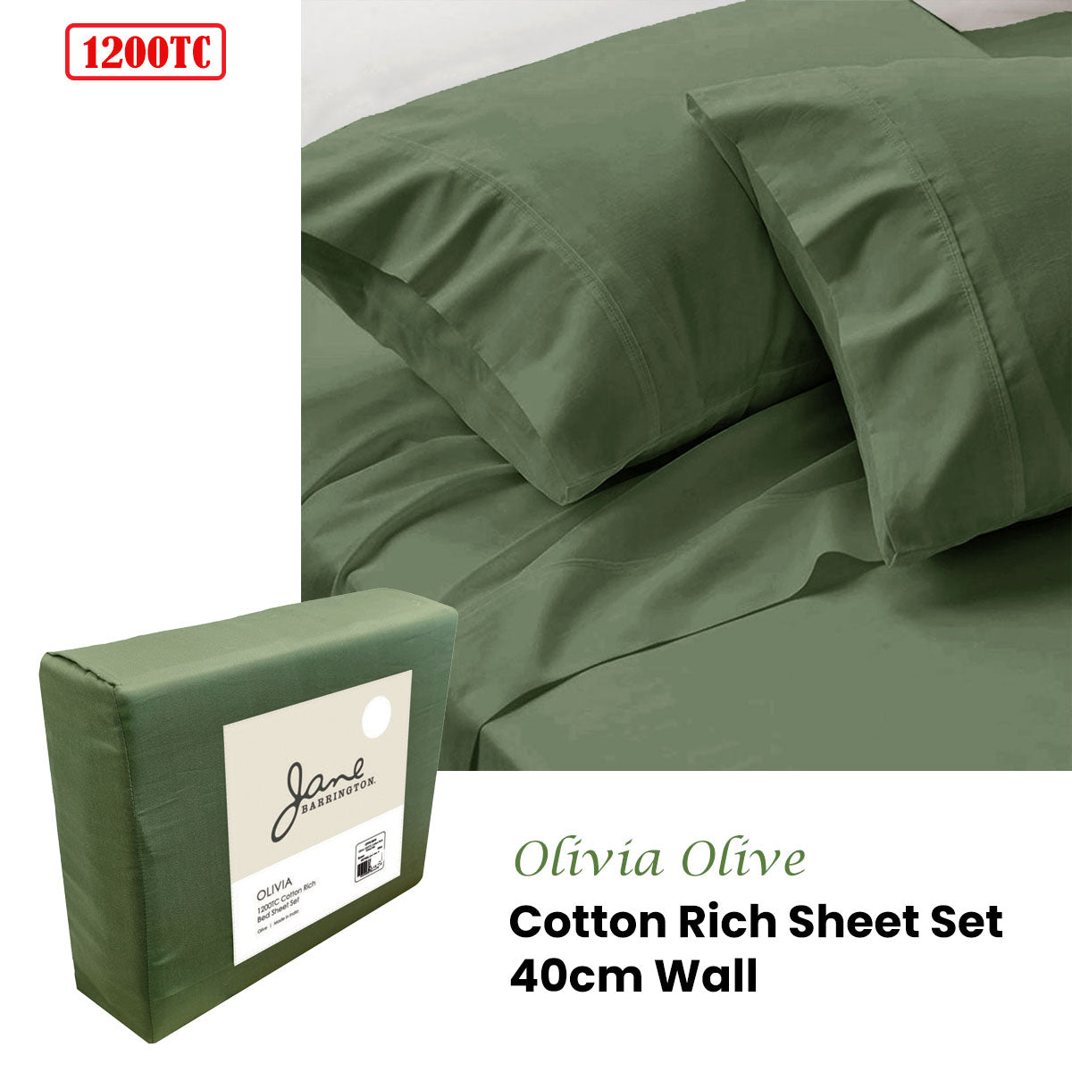 Jane Barrington 1200TC Cotton Rich Sheet Set 40cm Wall Olive King