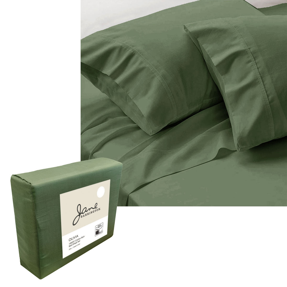 Jane Barrington 1200TC Cotton Rich Sheet Set Olive Queen 40cm Wall