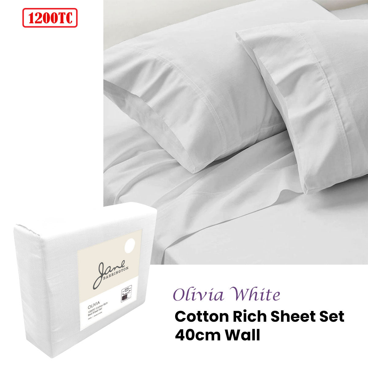 Jane Barrington 1200TC Cotton Rich Sheet Set 40cm Wall White Queen