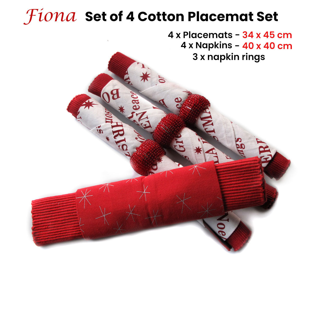 Fiona Set of 4 Cotton Placemats with Napkins & Napkin Rings Red White 34x45cm - SuperSaverAU - view 1