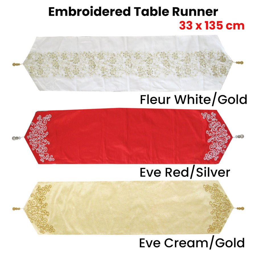 Embroidered Faux Silk Table Runner 33 x 135 cm Fleur White Gold - SuperSaverAU - view 1