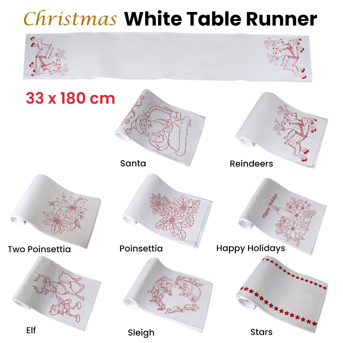 Christmas Print White Table Runner 33 x 180cm - Polyester, Machine Washable