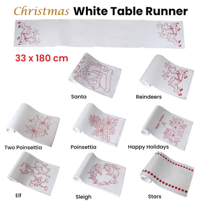 Christmas Print White Table Runner 33 x 180cm - Polyester, Machine Washable