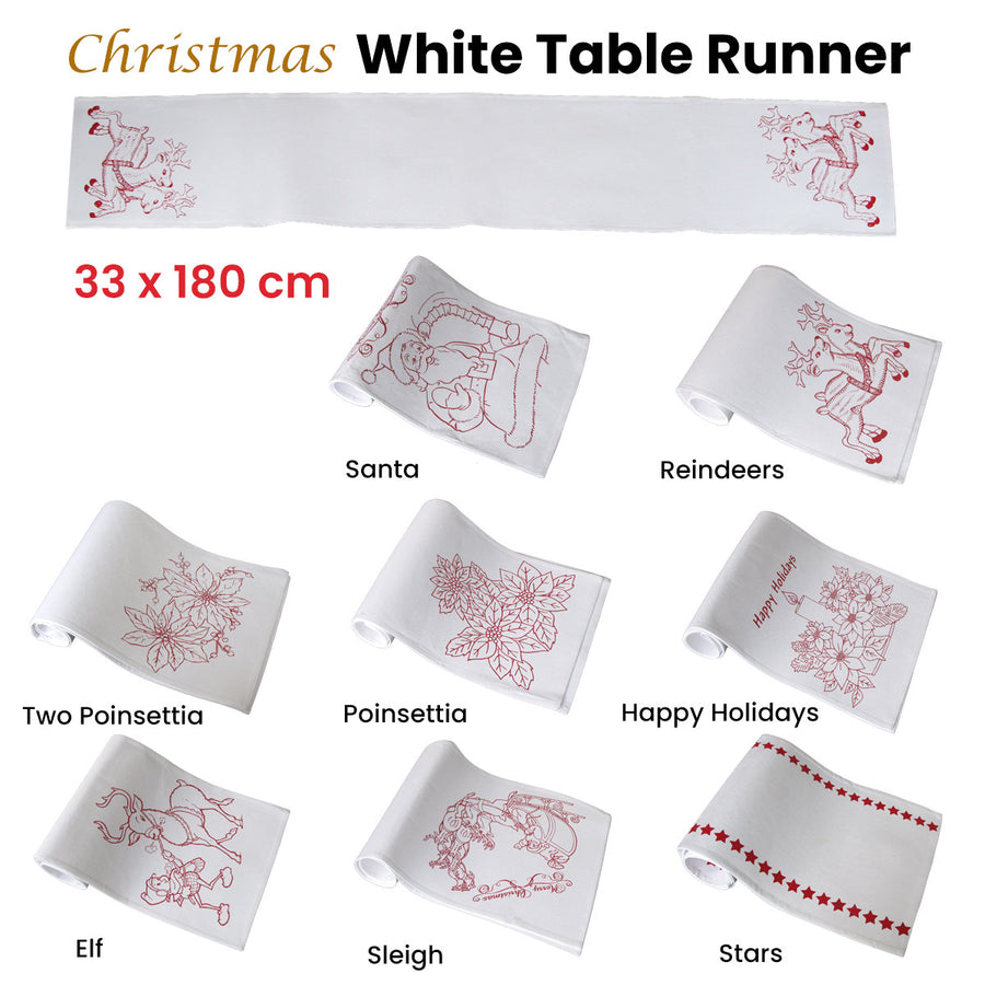 Christmas Print White Table Runner 33 x 180cm - Polyester, Machine Washable - SuperSaverAU - view 1