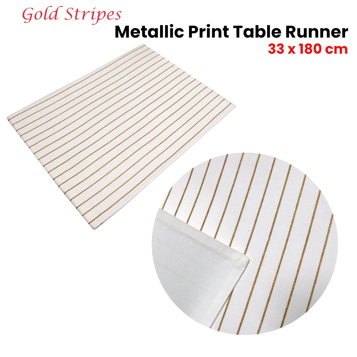 Gold Stripes Cotton Metallic Print Table Runner 33 x 180 cm - Easy Care - SuperSaverAU - view 2