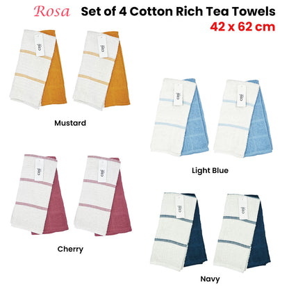 Rosa Set of 4 Cotton Rich Terry Tea Towels 42 x 62cm Navy
