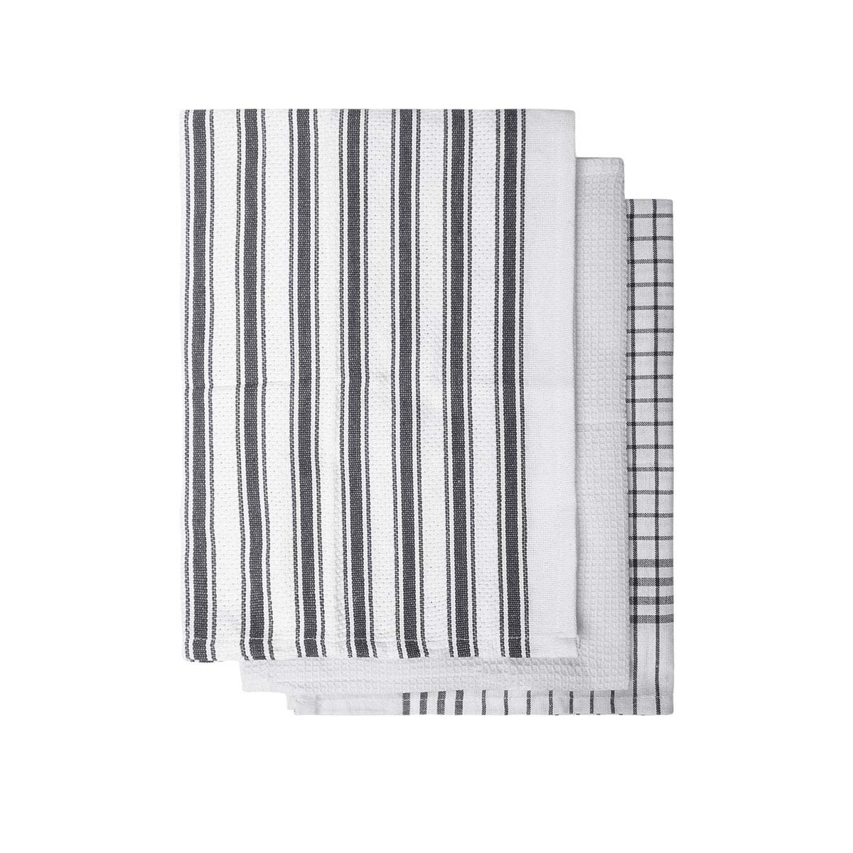 IDC Homewares Set of 3 Gardenia Cotton Tea Towels Charcoal 50 x 70 cm