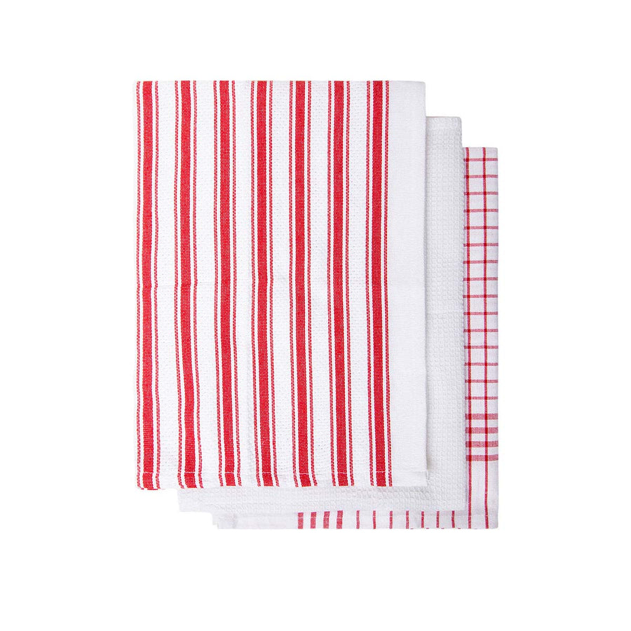 IDC Homewares Set of 3 Gardenia Cotton Tea Towels Red 50 x 70 cm - Check/Stripe Design - SuperSaverAU - view 1