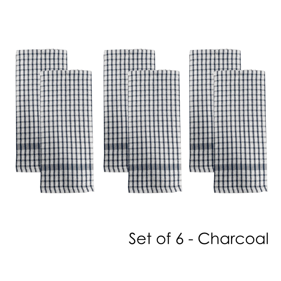 J.elliot Set of 6 Checkered 100% Cotton Terry Tea Towels 45 x 65 cm - Charcoal - SuperSaverAU - view 1