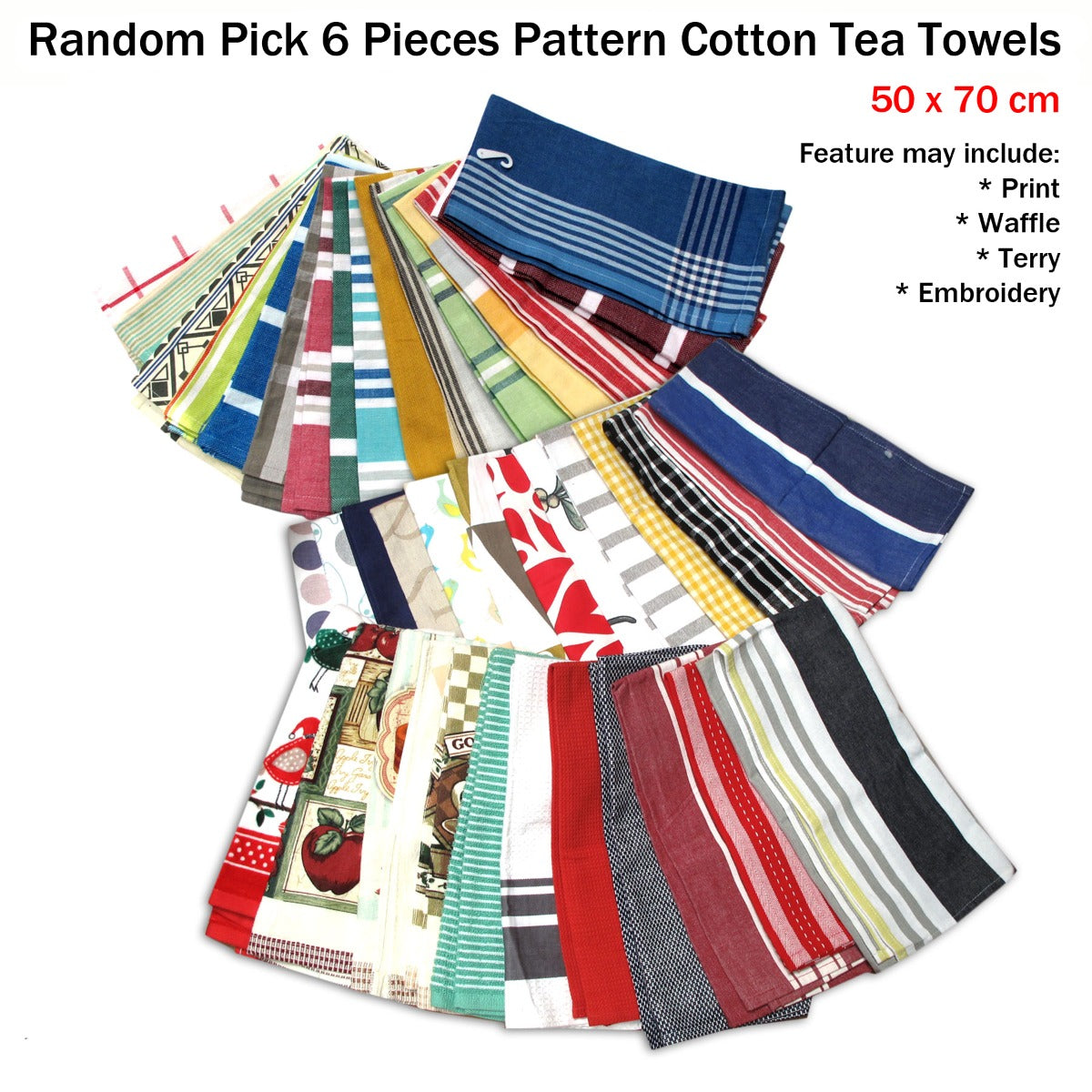 Random Pick Set of 6 100% Cotton Pattern Tea Towels - 50 x 70 cm, Various Designs