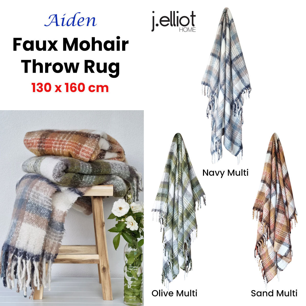 J Elliot Home Aiden Faux Mohair Throw Rug with Fringe 130 x 160cm - Olive Multi - SuperSaverAU - view 2
