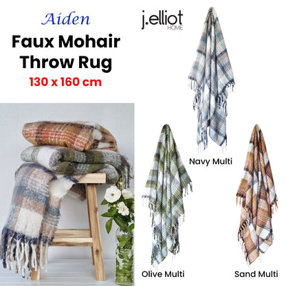 J Elliot Home Aiden Faux Mohair Throw Rug with Fringe 130 x 160cm - Olive Multi