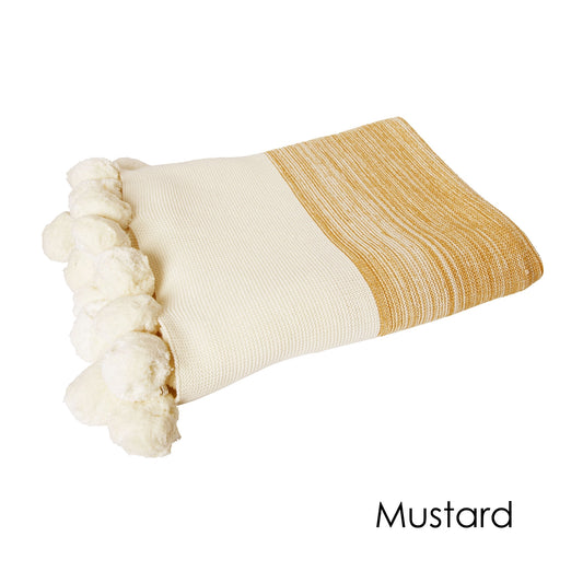 J.Elliot Home 100% Cotton Throw Rug Mustard 125 x 150 cm - Two-tone Design, Pom Poms