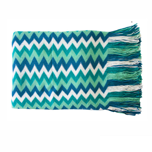 IDC Chevron Knitted Throw Blue Multi 127 x 152 cm - Soft Acrylic, Machine Washable