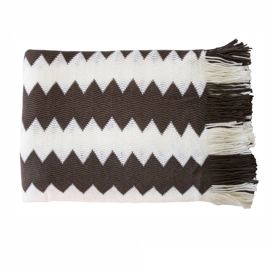 Idc Chevron Knitted Throw Rug Chocolate White 127 x 152 cm, Soft Acrylic