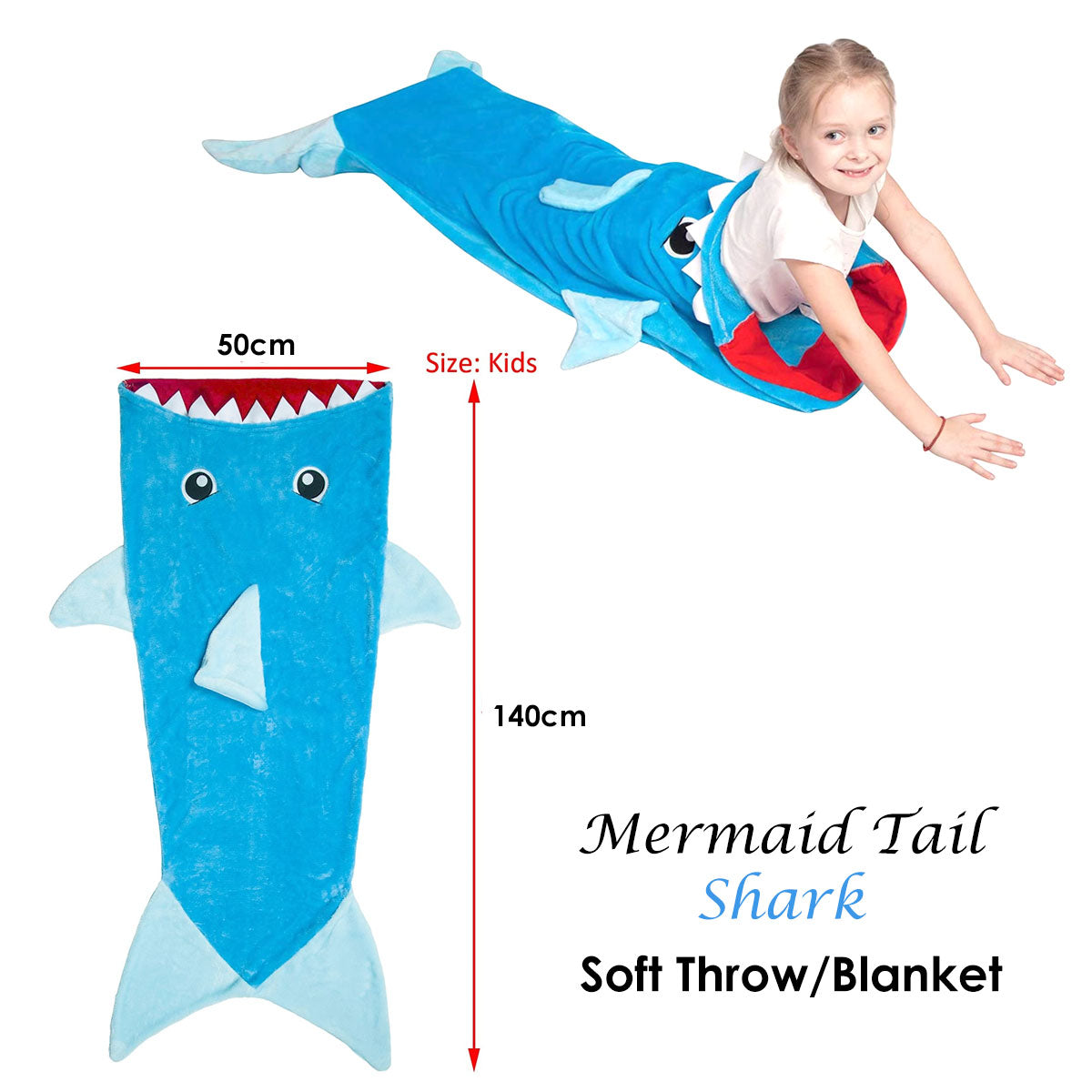 Mermaid Tail Shark Soft Blanket Throw 50 x 140 cm - Kids Size, Embossed Design - SuperSaverAU - view 2