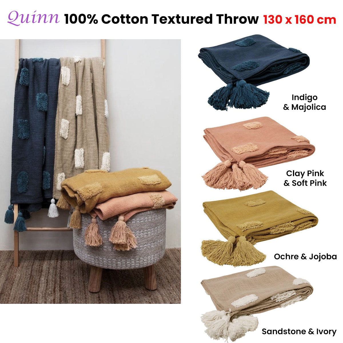 J Elliot Home Quinn 100% Cotton Textured Throw 130 x 160 cm Indigo - SuperSaverAU - view 3