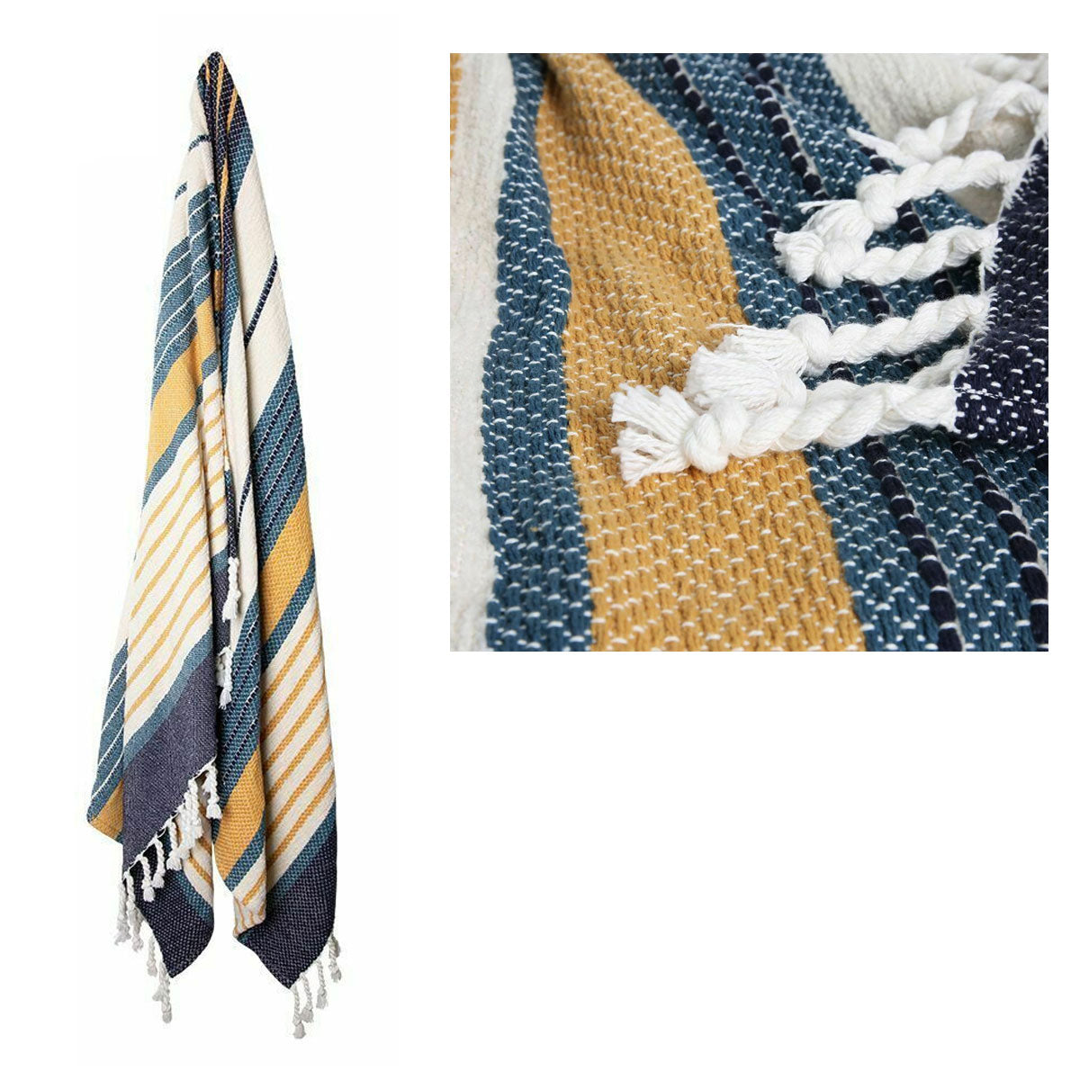 J.elliot Zella Cotton Throw Rug 130 x 160 cm - Stripes & Tassels, Blue Multi - SuperSaverAU - view 1