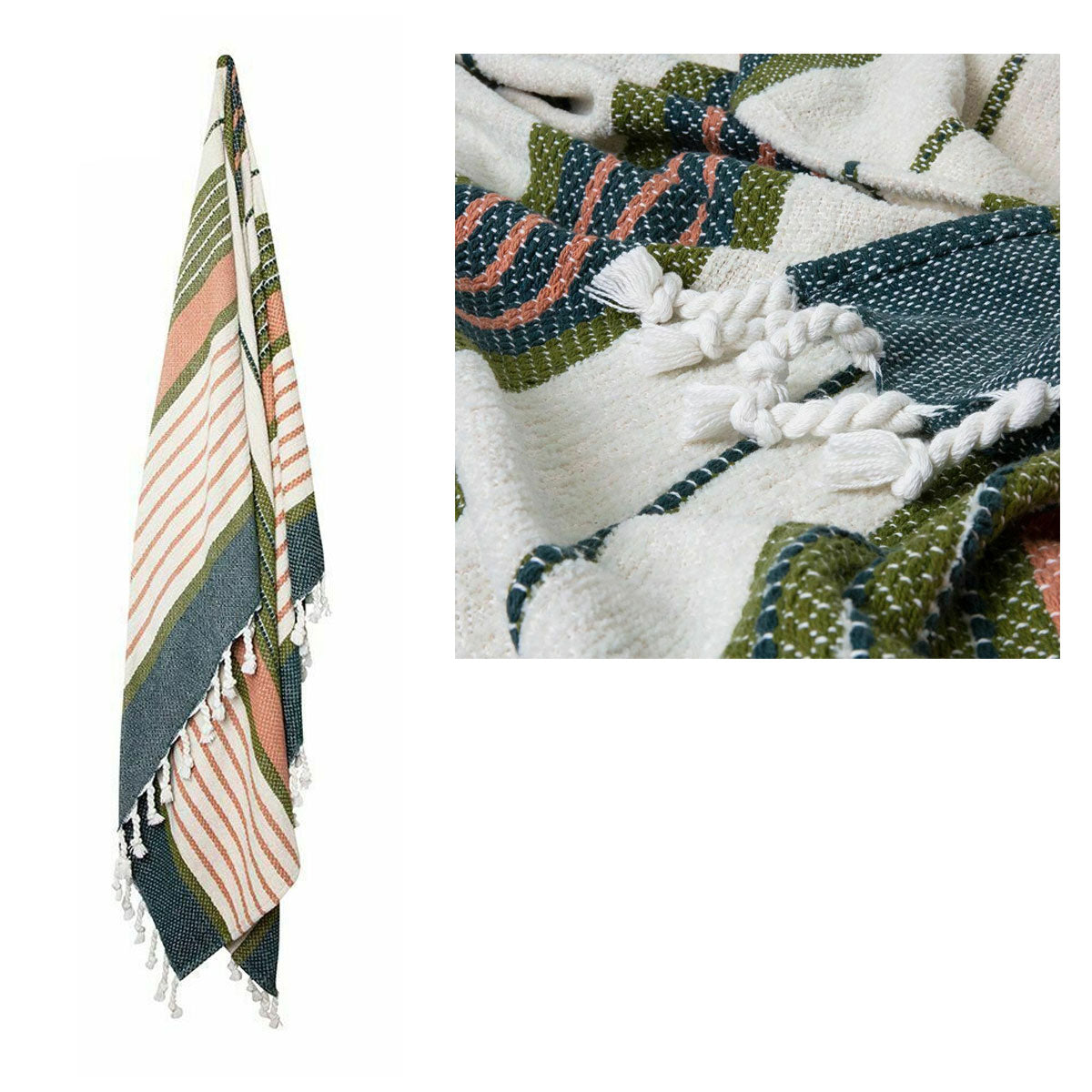 J.Elliot Zella Cotton Throw Rug 130 x 160 cm - Stripes, Tassels, Green Multi - SuperSaverAU - view 1