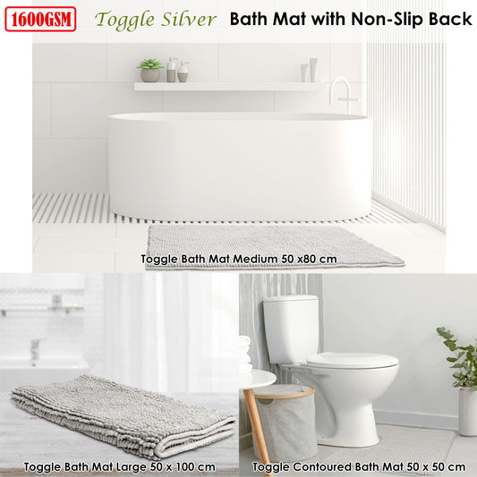Toggle Microfiber Bath Mat 1600GSM Non-Slip Fast Drying Silver 50 x 80 cm