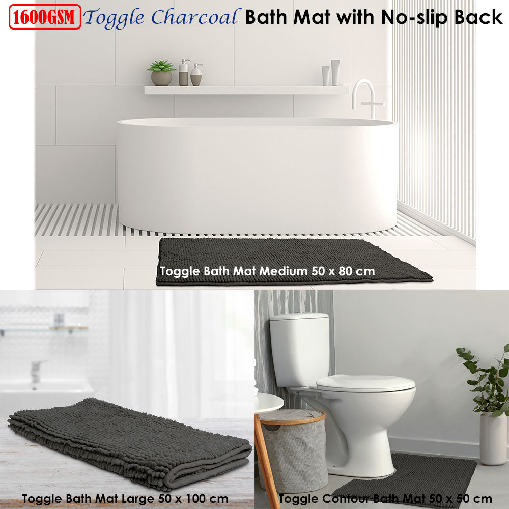 Toggle Microfiber Bath Mat Charcoal 1600GSM Non-Slip 50x80 cm