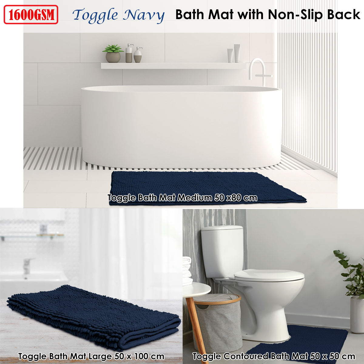 Toggle Microfiber Bath Mat Navy 1600GSM Non-Slip Fast Drying 50x80 cm