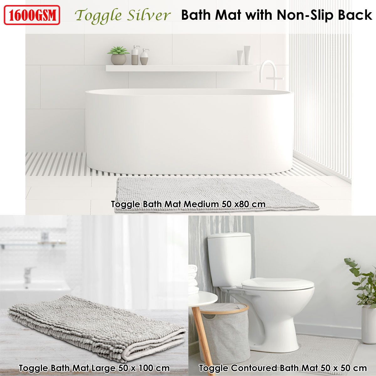 Toggle Microfiber Bath Mat 1600GSM Non-Slip Fast Drying Silver 50x80 cm