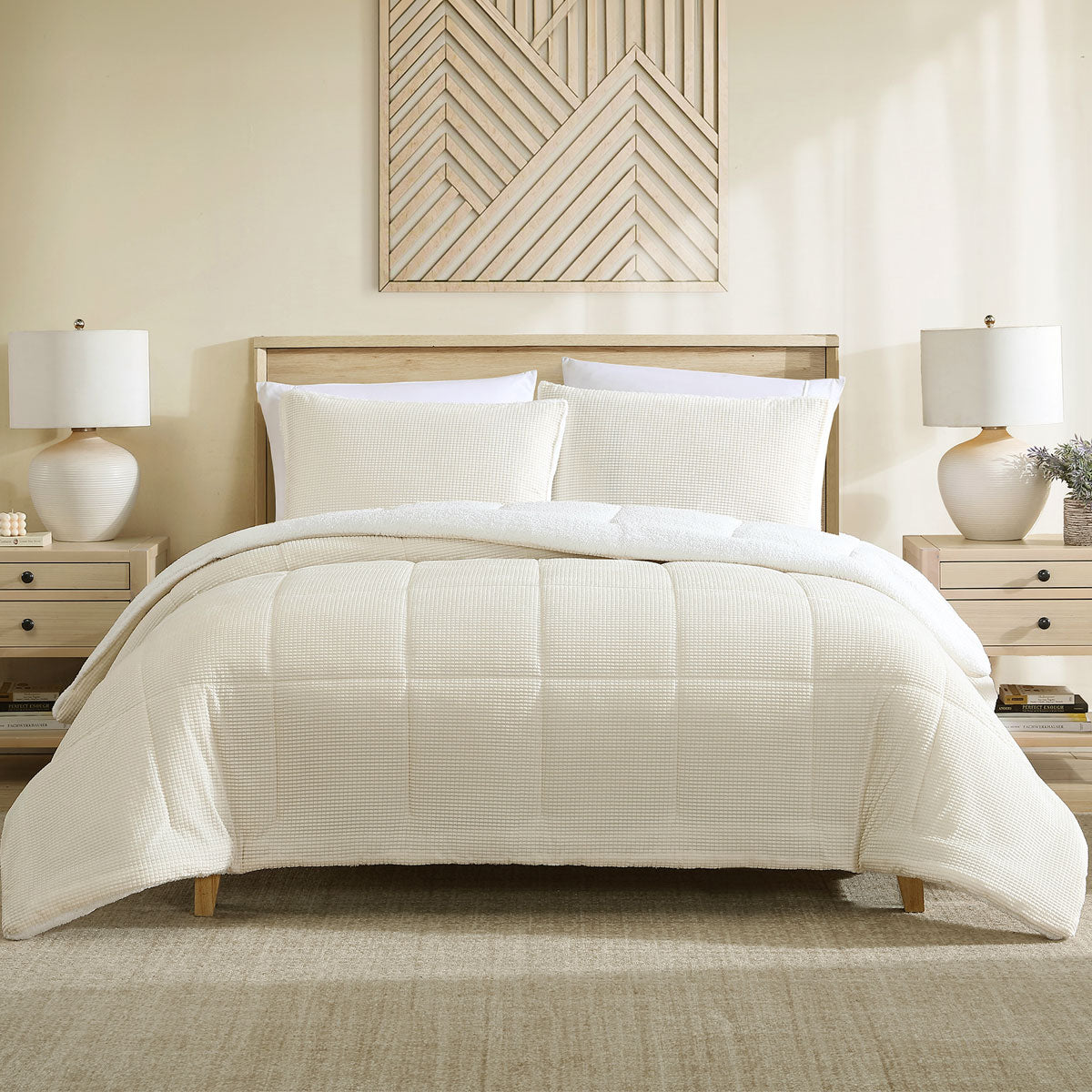Ardor Avalon Cream Velvet Comforter Set – Cream Sherpa Reverse Queen/King 3 Piece