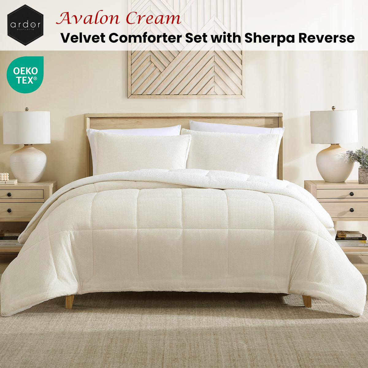 Ardor Avalon Cream Velvet Comforter Set – Cream Sherpa Reverse Queen/King 3 Piece