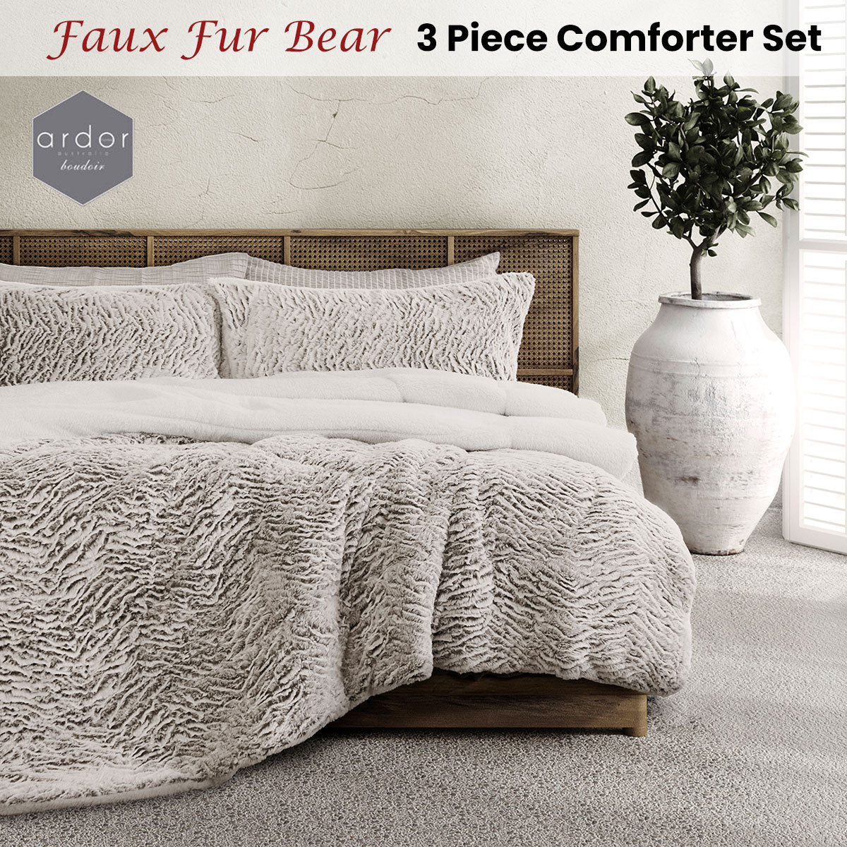 Ardor Faux Fur Bear 3 Piece Comforter Set Single/Double - Soft Sherpa Reverse - SuperSaverAU - view 1