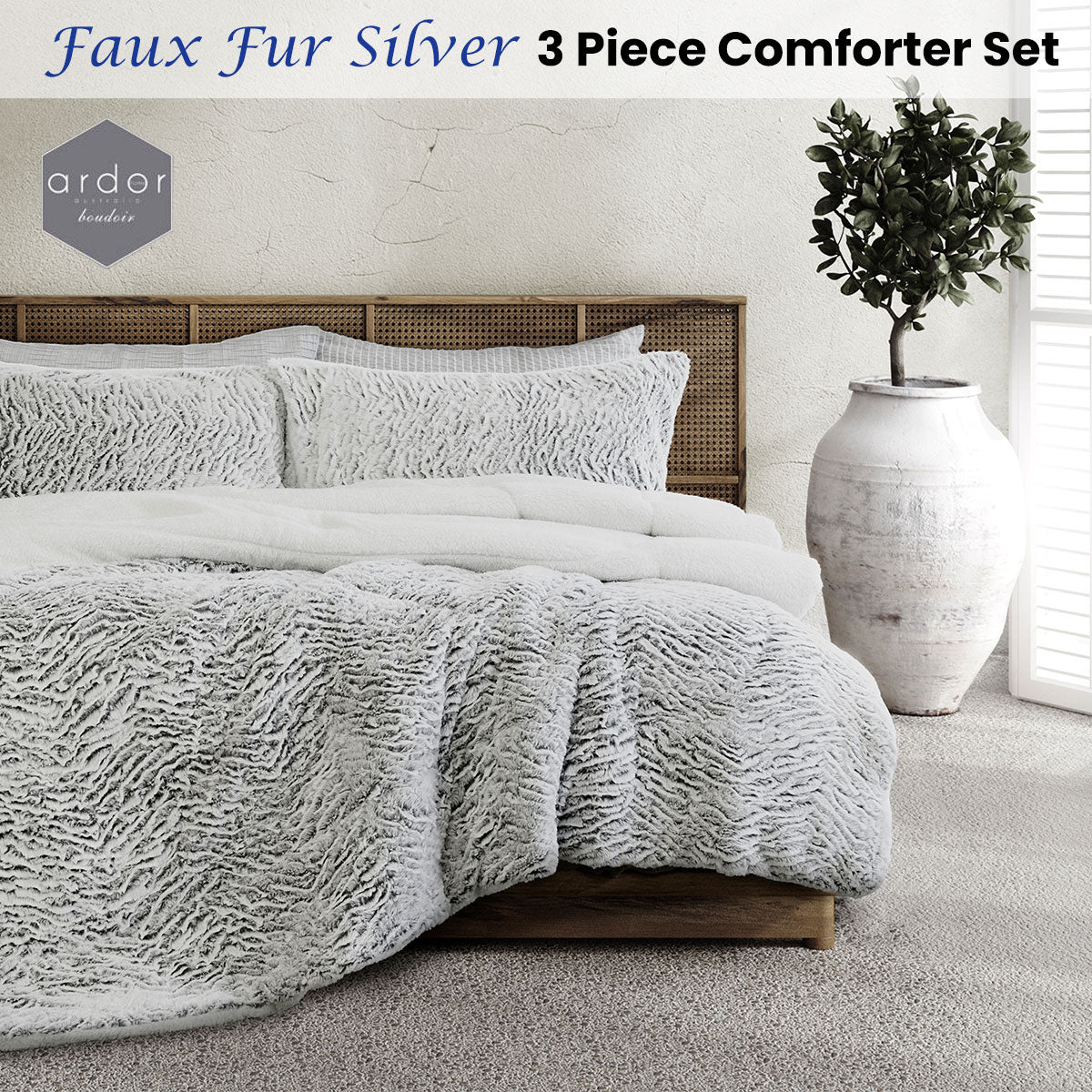 Ardor Faux Fur Silver 3 Piece Comforter Set Single/Double - Soft Sherpa Reverse - SuperSaverAU - view 1