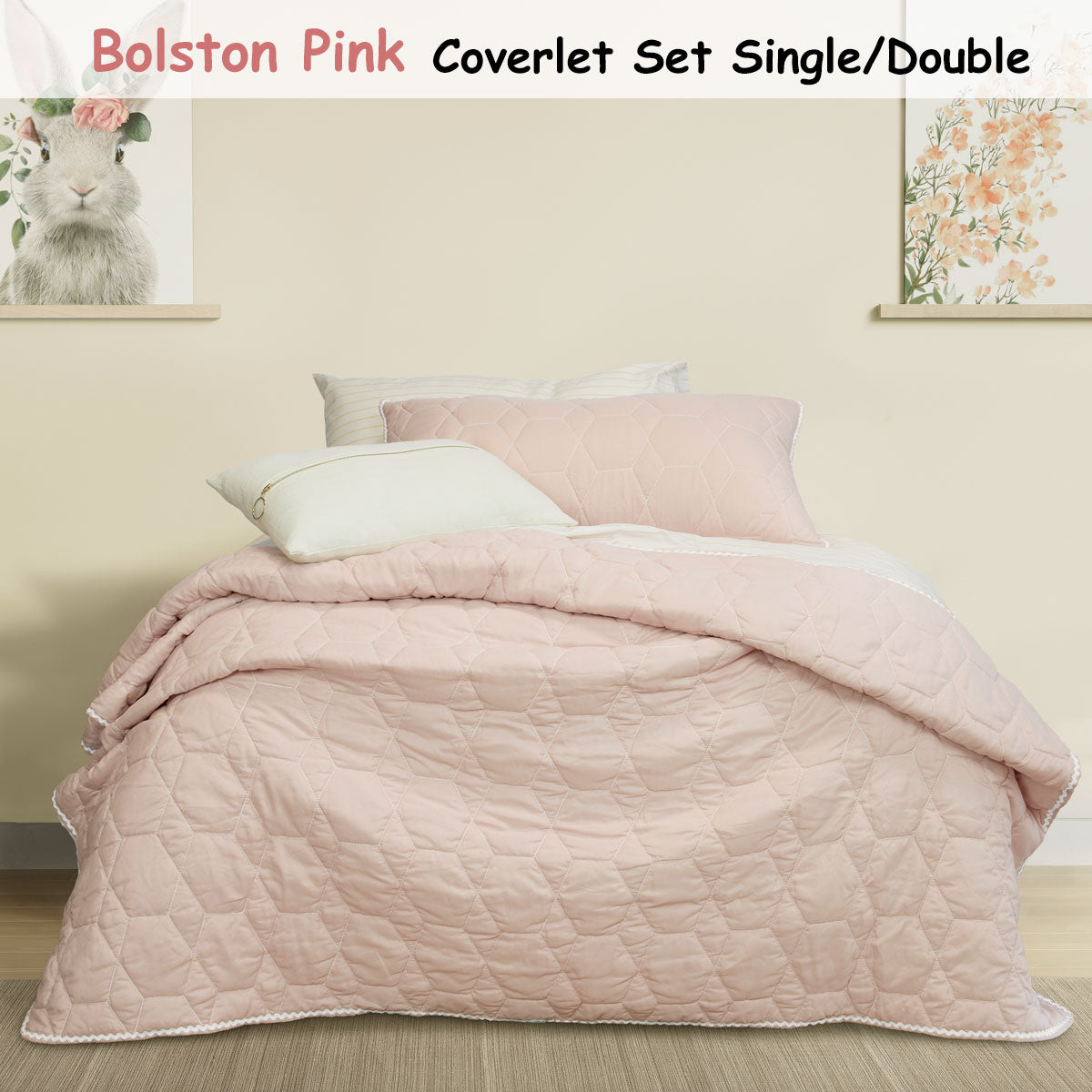 Jelly Bean Kids Bolston Pink Kids Coverlet Set Single/Double, Quilted Geometric Design - SuperSaverAU - view 1