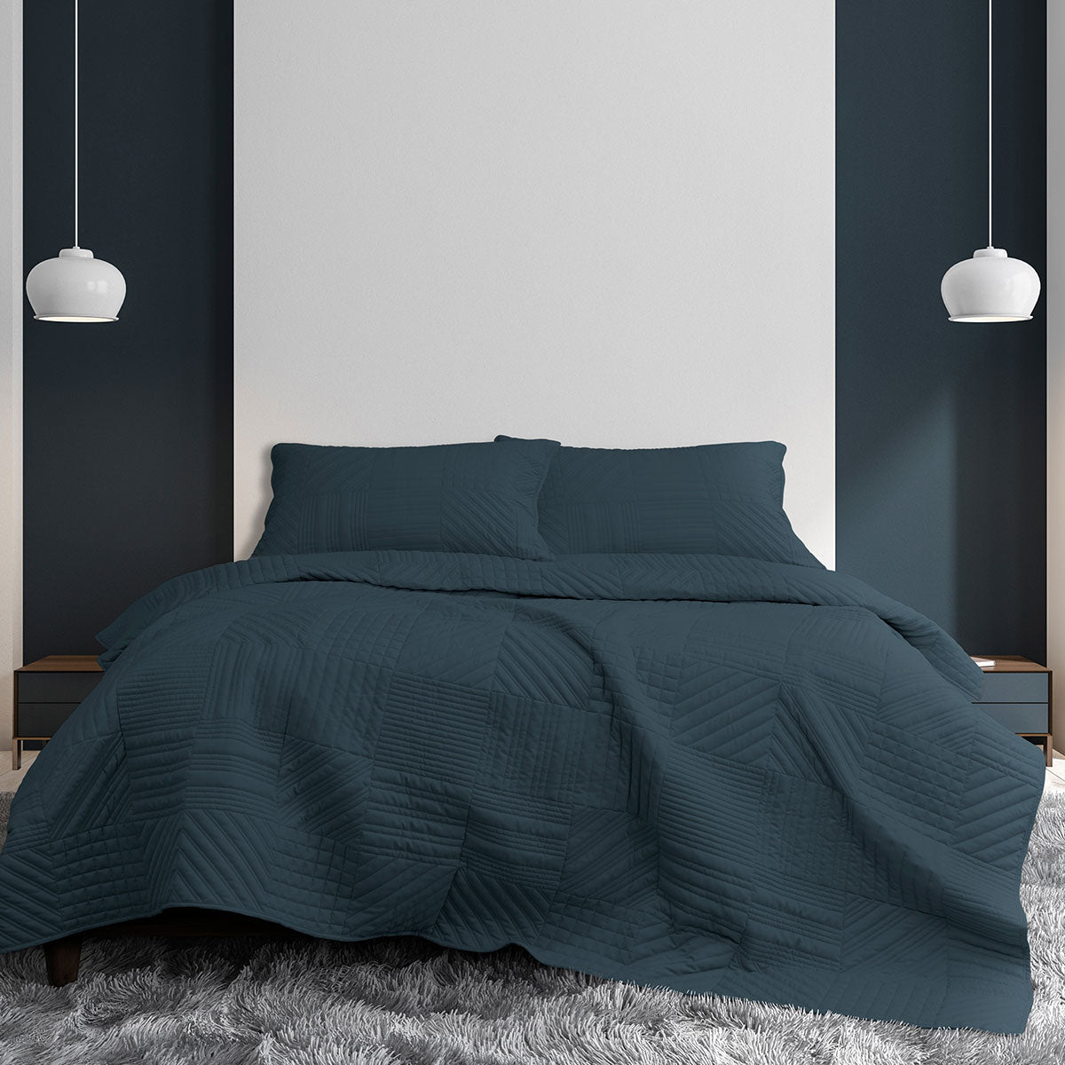 Ardor Finley Navy 3 Pcs Quilted Coverlet Set Queen/King - Geometric Design - SuperSaverAU - view 1