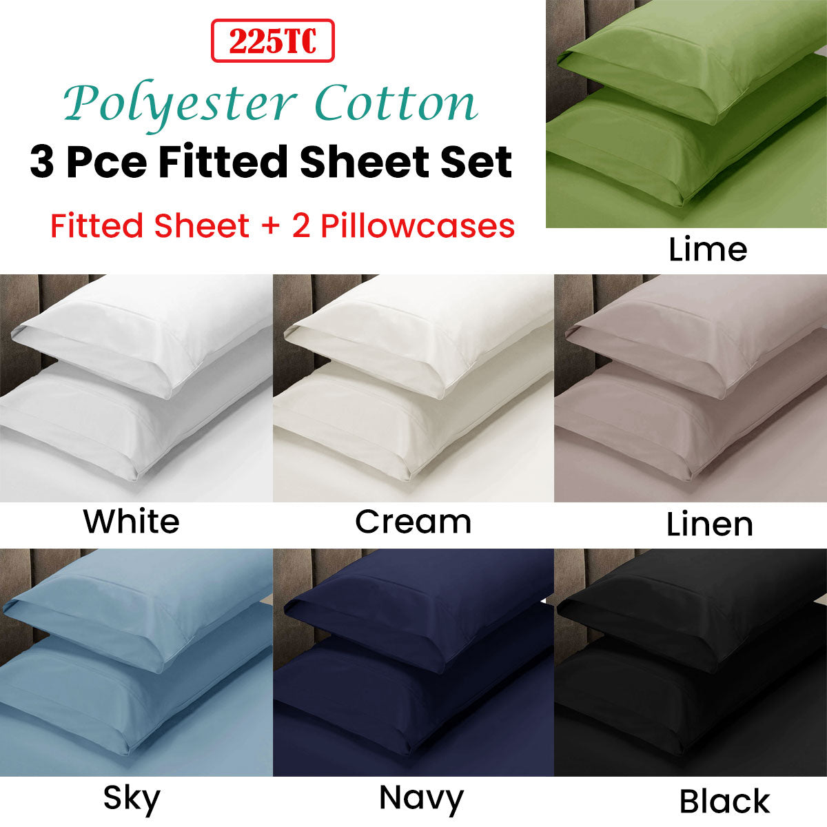 Apartmento King 3 Piece 225TC Polyester Cotton Fitted Sheet & 2 Pillowcases