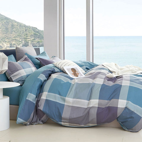 Ardor 250TC Costa Check Cotton Sateen Quilt Cover Set Queen - Blue, Teal, Lilac - SuperSaverAU - view 1