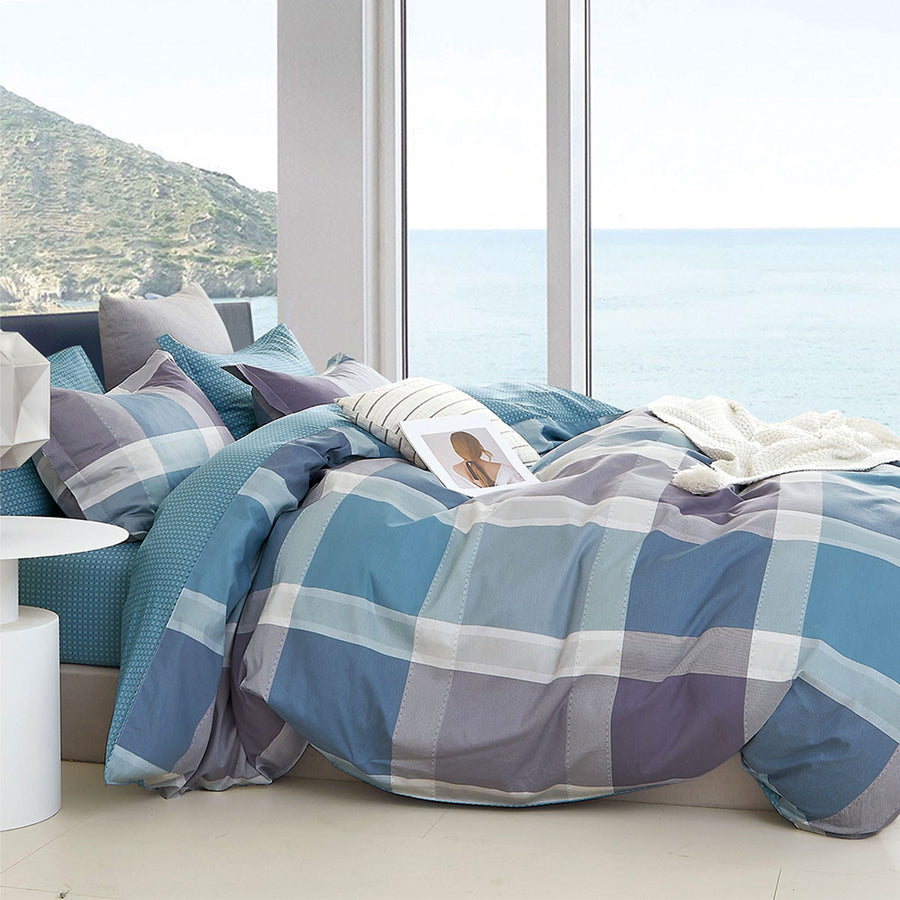 Ardor 250TC Costa Check Cotton Sateen Quilt Cover Set Queen - Blue, Teal, Lilac - SuperSaverAU - view 1
