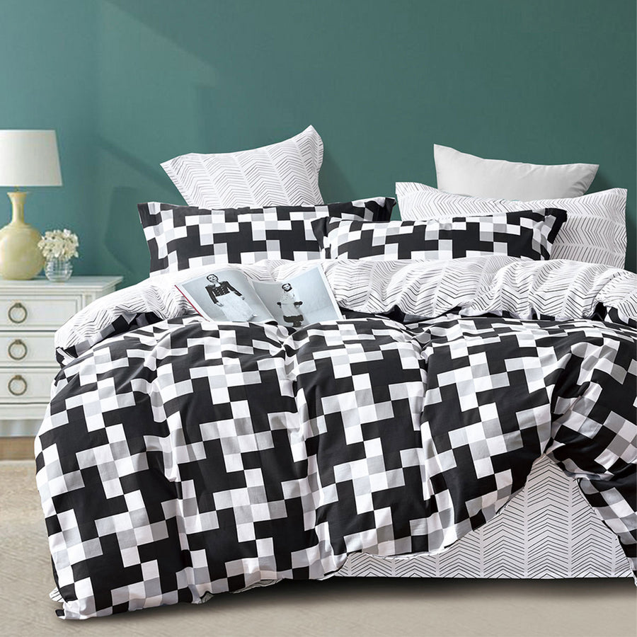 Ardor Geometric Cotton Sateen Quilt Cover Set King - 250TC, Black/Grey/White - SuperSaverAU - view 1