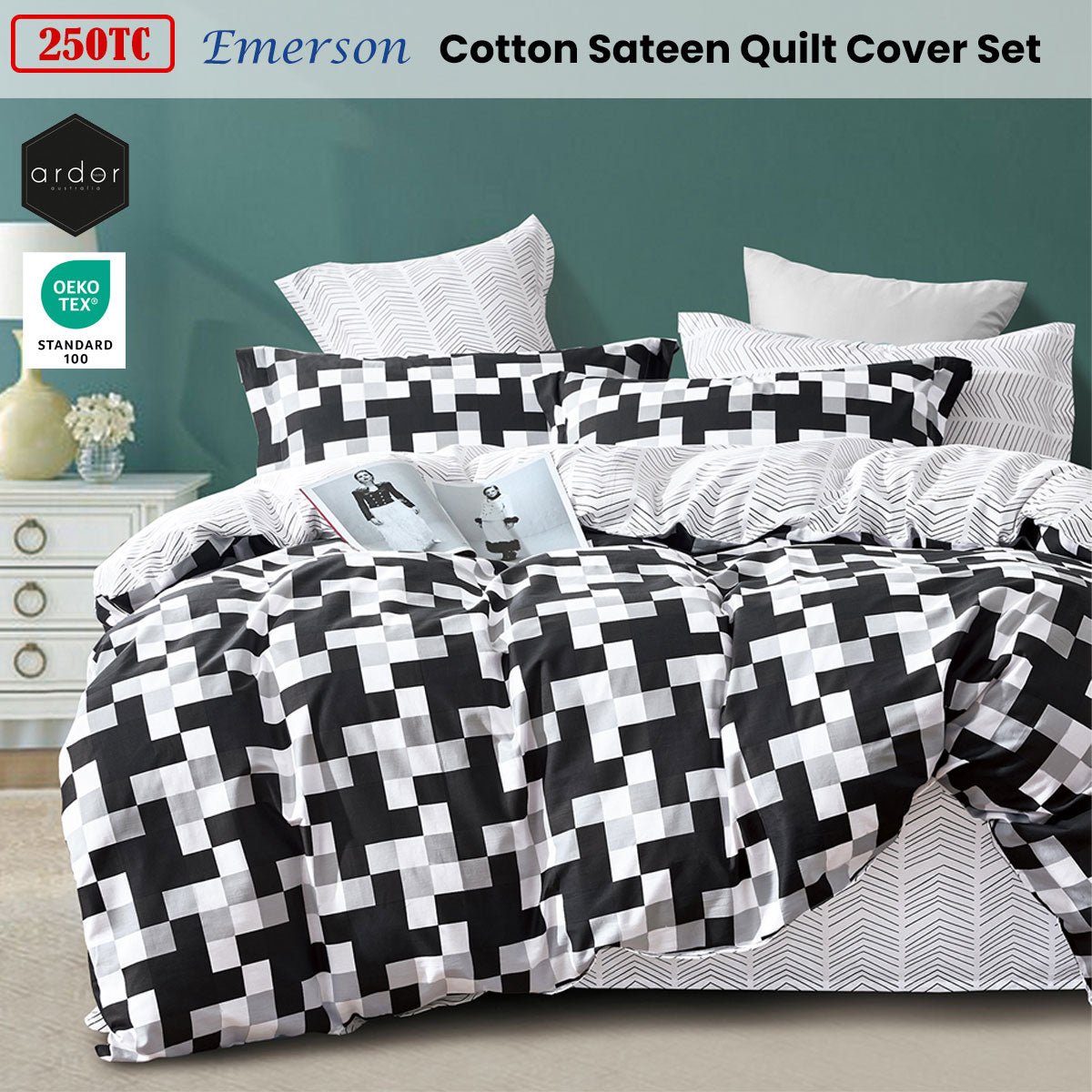 Ardor Geometric Cotton Sateen Quilt Cover Set King - 250TC, Black/Grey/White - SuperSaverAU - view 2