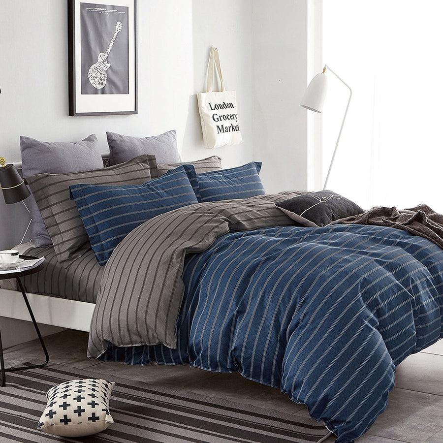 Ardor Cotton Sateen Quilt Cover Set 250TC Oliver Stripes King - Navy, Grey - SuperSaverAU - view 1