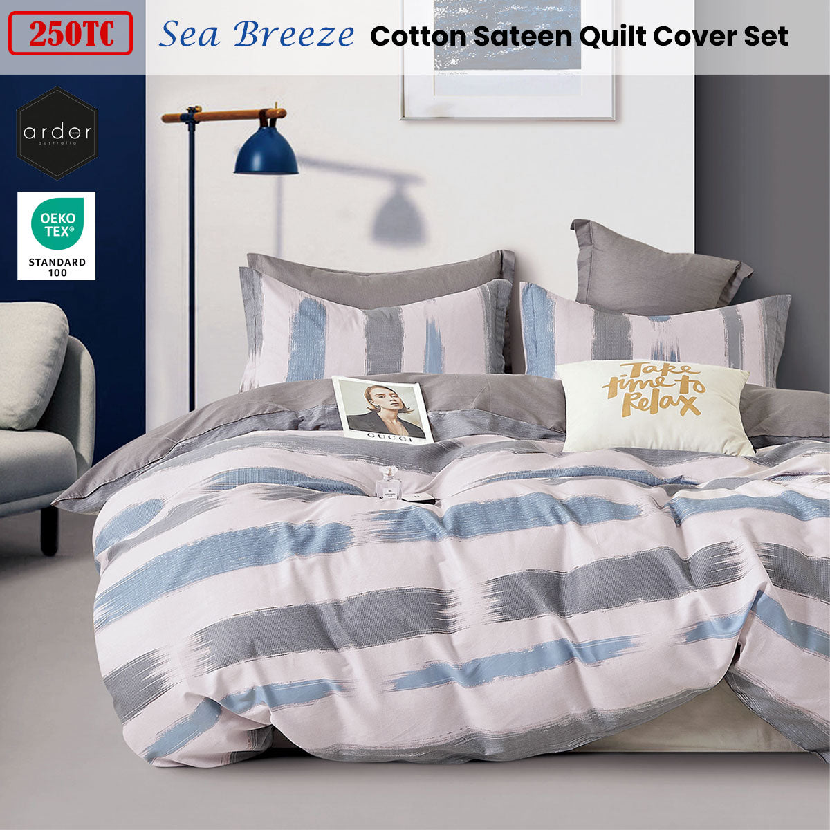 Ardor Sea Breeze Stripes Cotton Sateen Quilt Cover Set King - 250TC - SuperSaverAU - view 1