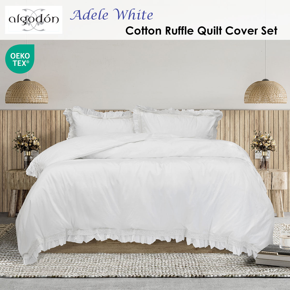 Algodon Adele White Cotton Ruffle Quilt Cover Set – King