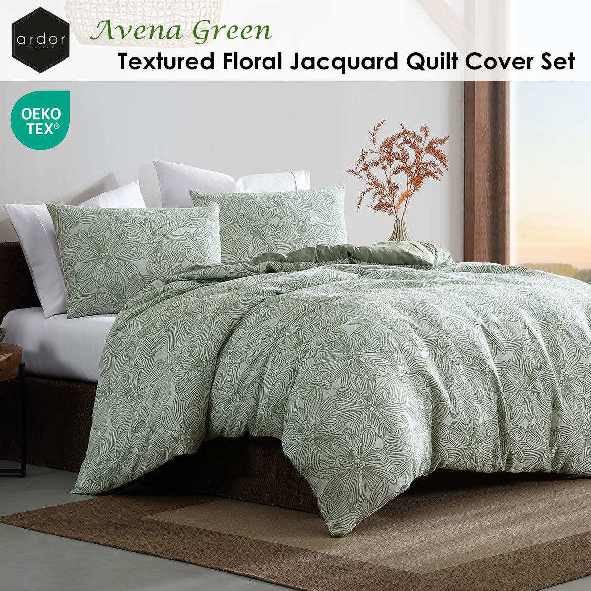Ardor Avena Green Floral Jacquard Quilt Cover Set – King