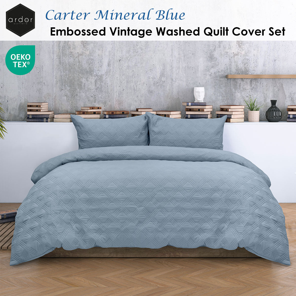 Ardor Carter Mineral Blue Embossed Geometric Quilt Cover Set – King