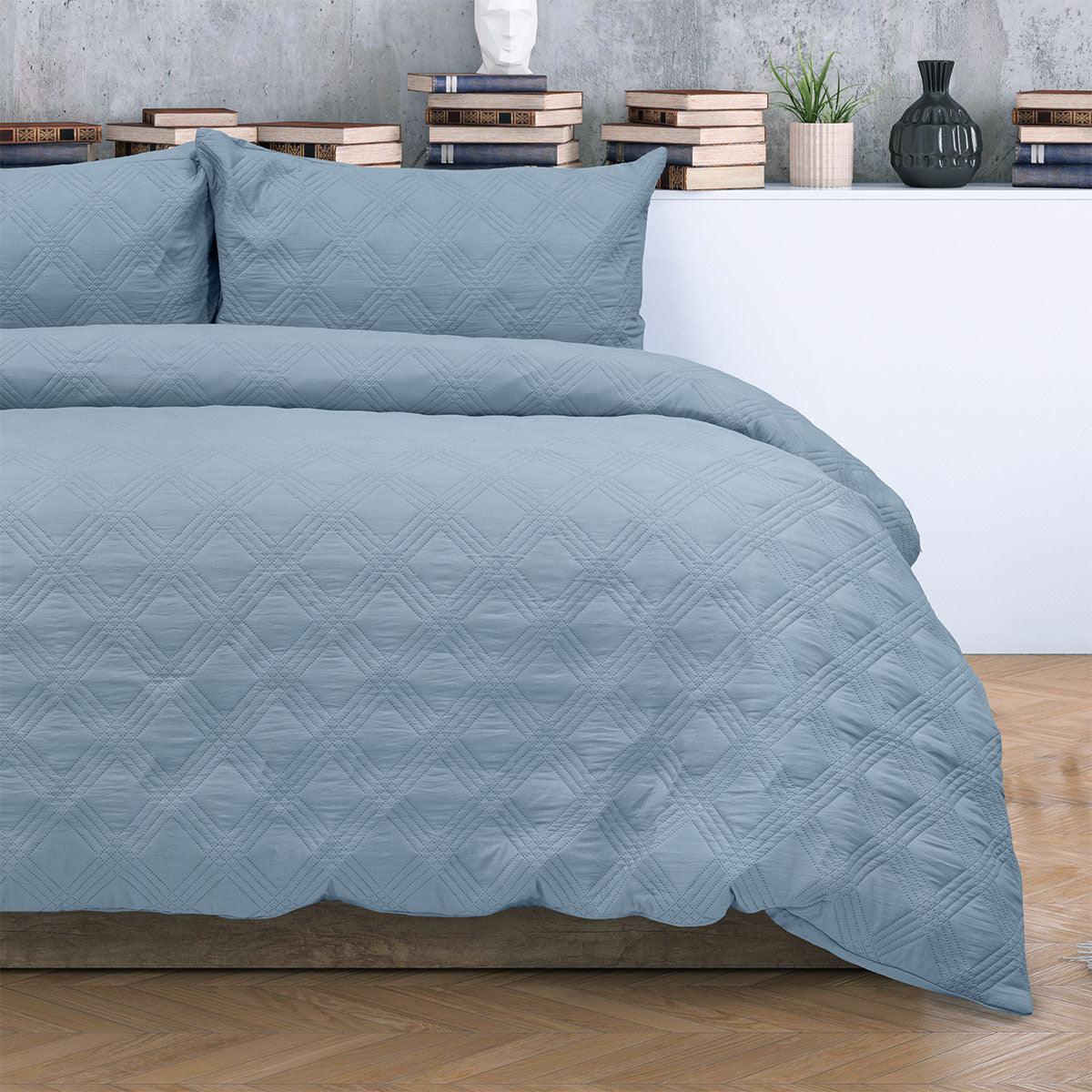 Ardor Carter Mineral Blue Embossed Geometric Quilt Cover Set – King