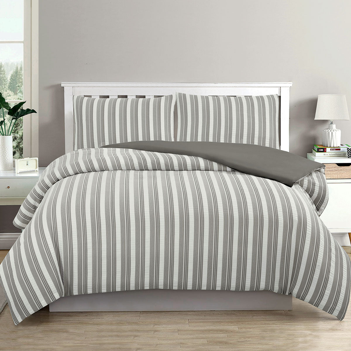 Ardor Cove Charcoal Seersucker Waffle Quilt Cover Set King - Vertical Stripes - SuperSaverAU - view 1