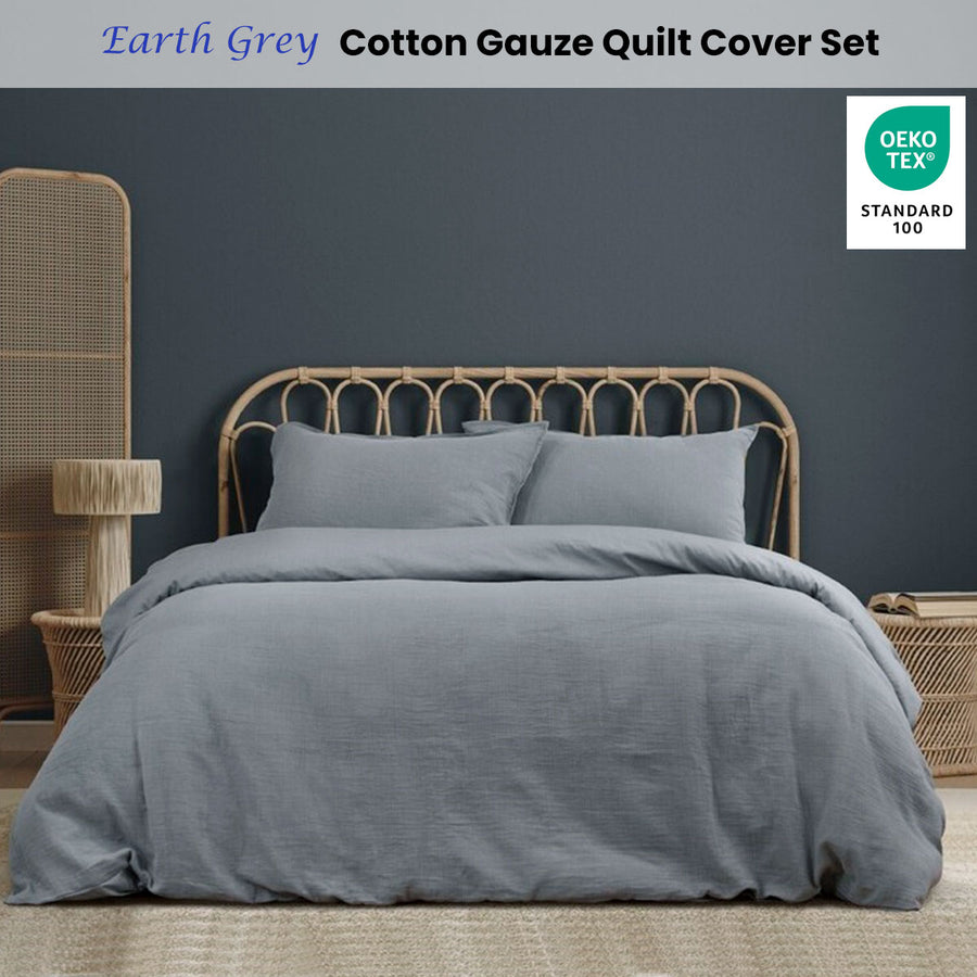 Ardor Earth Grey Cotton Gauze Quilt Cover Set King - Soft, Solid Colour Design - SuperSaverAU - view 1