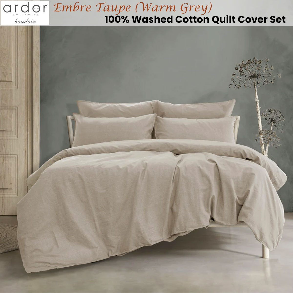 Ardor 100% Washed Cotton Quilt Cover Set King - Embre Taupe, Textured Design - SuperSaverAU - view 1